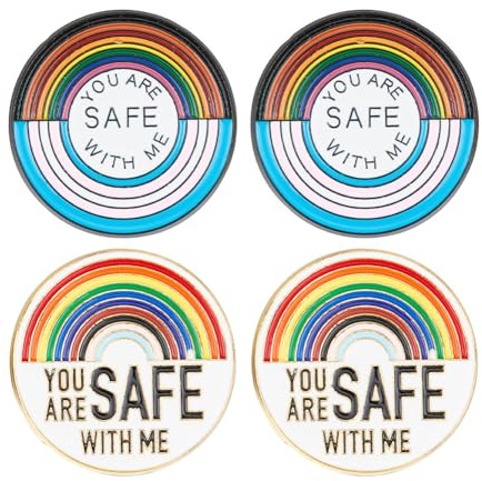 GOMAKERER 4 Stk 2 Stile Legierung Regenbogen Abzeichen Pins, 38mm Emaille-Anstecknadeln You Are Safe With Me Runde Regenbogen-Broschen Lustige Brosche Anstecknadel Dekoration