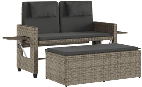 vidaXL Gartenbank Verstellbar mit Kissen Grau Poly Rattan