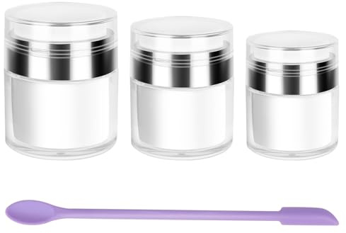 Airless Pump Jars Refillable Cosmetic Moisturizer Pump Botttles Travel Size for Cream, Gels and Lotion with Silicone Spatula (0.5oz+1oz+1.7oz)