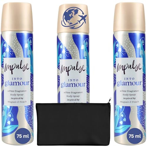 Impulse Body Spray Womens Bundle, Into Glamour by Wishesla 75-ml, Pack of 3 Ladies Deodorant Spray and Black Cosmetic Pouches For Toiletries (3-Pack Into Glamour)