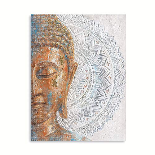 XMYATELi Goldener Buddha-Leinwandkunst: 3D-Mandala-Blume, Blüte, Buddha-Gemälde, Zen-Druck, Bild auf Blau, für Yoga, Meditationsraum, Schlafzimmer, gerahmt und fertig zum Aufhängen, 60 x 80 cm