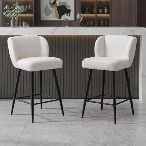 chairus Juego de 2 Taburete de Bar Orejero de Lana Sintética Taburetes Altas con Respaldo Ancho, Sillas Altas con Patas Metálicas para Isla de Cocina, Blanco