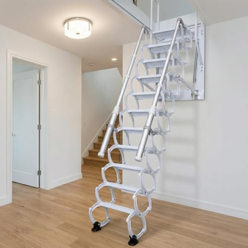 Escaleras de ático montadas en la Pared, Escalera Plegable para Loft, Escalera telescópica con pasamanos, escaleras desplegables de 12 escalones (White, 12 Steps)