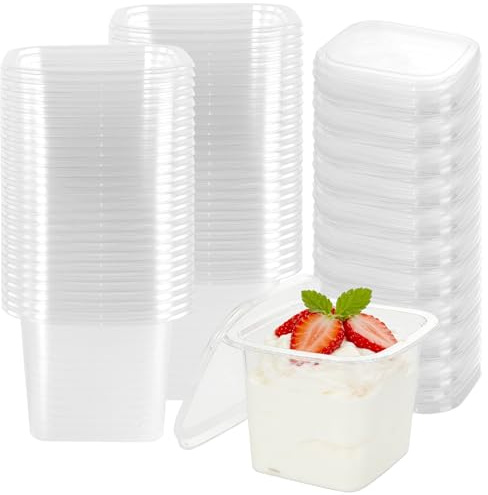 SEUNMUK 100 PCS Clear Plastic Dessert Cups, 360ml/12oz Square Dessert Cups with Lids for Mousse Appetizers Fruit