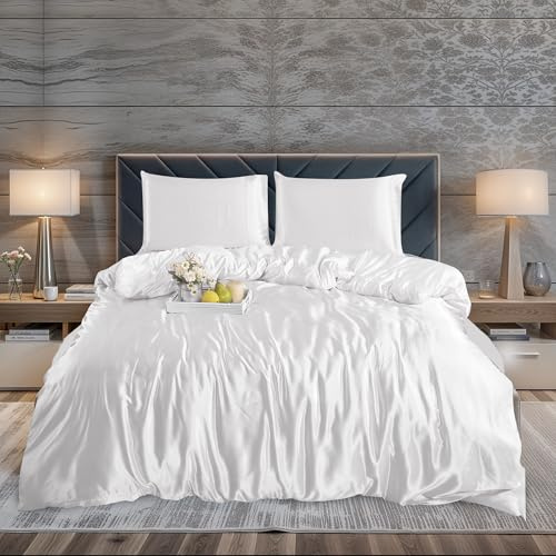 ZIMEL HOMES 3 piece-Satin Duvet Cover Set Soft bedding shiny silky bedding sets - duvet cover, 2 pillowcases (White, Double)