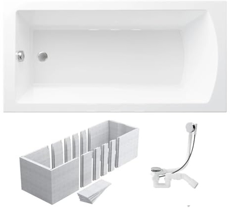 VBChome Badewanne 170x75 cm Weiß Acryl Schürze Wannenträger Styroporträger Siphon Rechteckig Wanne Abfluss Design Modern Ablaufgarnitur in Chrom Badewanne mit Wannenträger