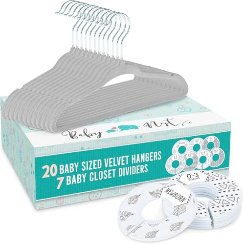 Baby-Kleiderbügel-Set mit Schrankteiler – 20 Samtbügel & 7-Fach Unterteilung für 0-24 Monate | Praktischer Schrankorganizer für Neugeborene & Kleinkinder (Grau)