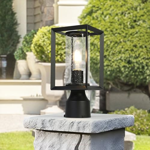 GEPOW Outdoor Post Light, 1-Light Black Pole Light Waterproof Rectangular Outdoor Lamp Post Light Fixture with Seeded Glass