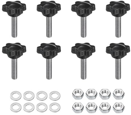 sourcing map 8pcs Star Clamping Knobs with Nuts Washers, M6 x 25mm Metric 304 Stainless Steel Male Thread 25mm 6-Star Plastic Head, Threaded Stud Hand Knobs Handles Thumb Screws, Black