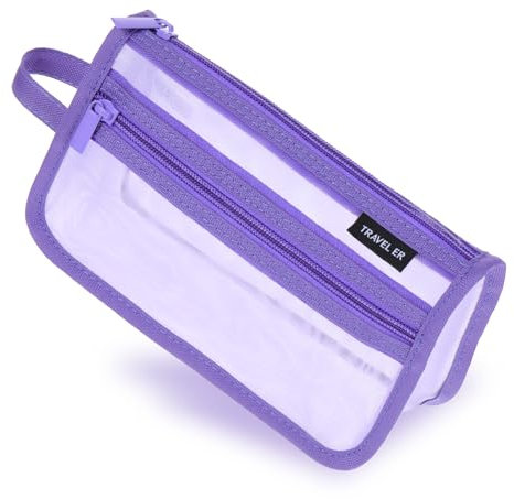 Thinp Double-Layer Pencil Case Grid Mesh Pencil Case with Handle and Zipper Nylon Zipper Cosmetic Bags Simple Office Organizer Travel Makeup Bag Lipstick Cosmetic Accessories for Adult - Purple