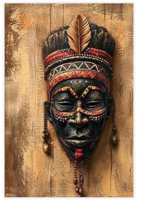 WJWART Goldene Federn, Stammesmaske, afrikanische Maske, Dekor, Leinwand, Poster, Schlafzimmer, Landschaftsdekoration, Geschenk, 30 x 45 cm