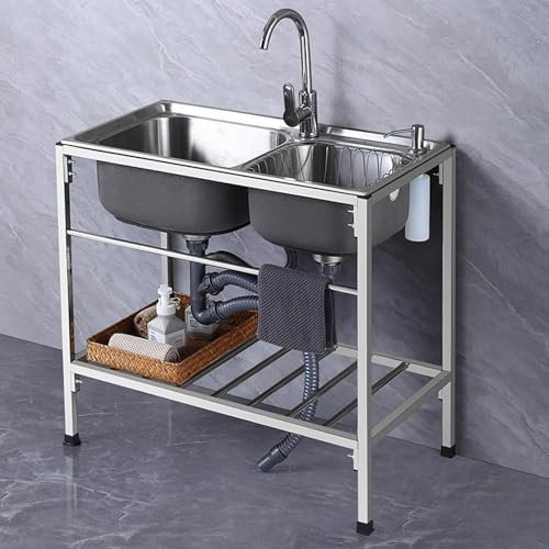 Edelstahl-Doppelspüle, Spülbecken mit Warm- und Kaltwasserhahn und ausziehbarem Abtropfkorb, Doppelwaschbecken für Küche, Bad und Garage(75 * 40cm/29.5 * 15.7in)
