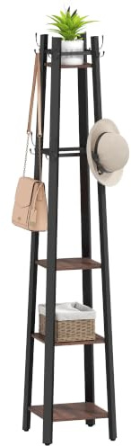 HOMCOM Garderobenständer mit 4 Ablagen und 8 Haken im Industrie-Stil Braun | Kleiderständer, Garderobe Jackenständer, für Kleidung Tasche und Hut, für Flur und Schlafzimmer