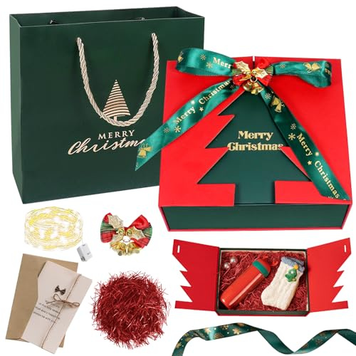 Geschenkbox Weihnachten, 20x18x8 CM LED Geschenkverpackung Weihnachten, Geschenkbox mit Deckel, Geschenkboxen mit Schleife,Tasche,Raffia,Grußkarten, Weihnachtens Geschenkkarton Weihnachtsgeschenke
