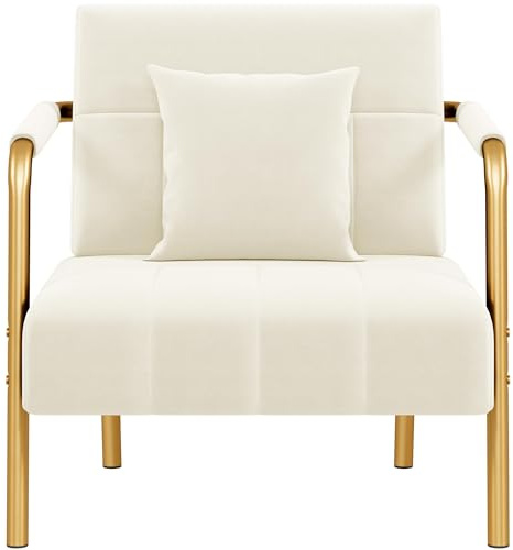 Yaheetech Beige Velvet Upholstered Tub Accent Armchair Compact Lounge Chair | Padded Comfort Pillow, Striking Golden Metal Legs & Soft Velvet Upholstery for Living Rooms, Bedrooms and Home Offices