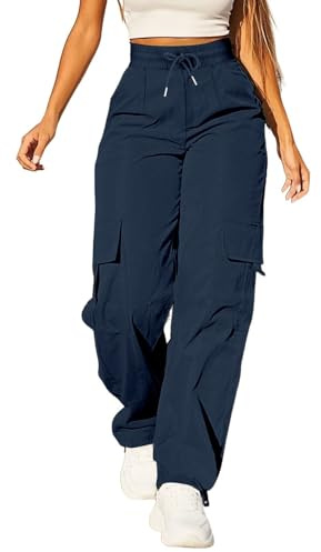 Cargo Pants For Women UK High Waist Combat Trousers With Multiple Pockets Solid Color Drawstring Tracksuit Bottoms Baggy Lightweight Wide Leg Trousers Ladies Casual Jogging Pants Hiking Walking