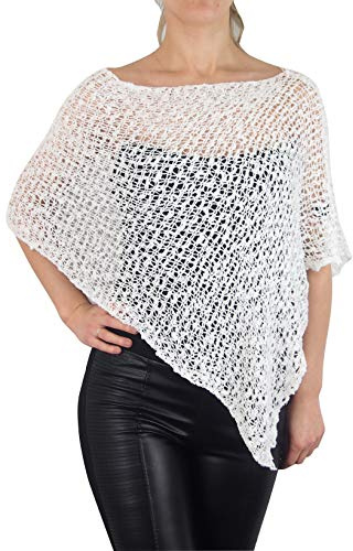 Mimosa Ladies Popcorn Style Plain Stretch Fish Net Crochet Batwing Small Poncho (One Size, White)