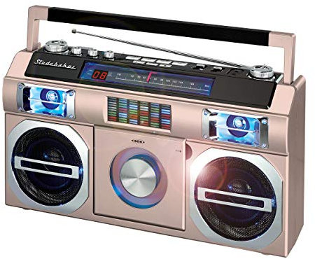 Studebaker SB2145RG Retro Street - Boombox Bluetooth anni '80 con radio FM, lettore CD, equalizzatore LED, potenza 10 Watt RMS e AC/DC in oro rosa