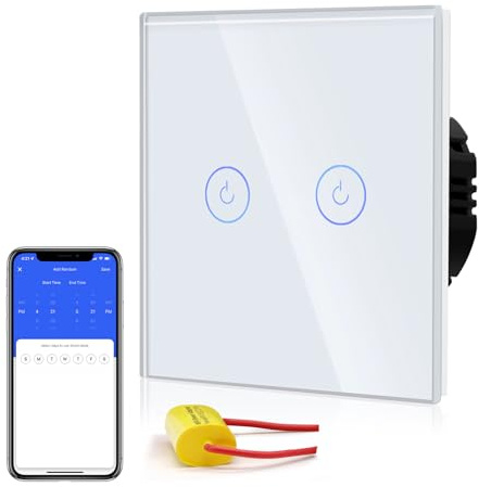 BSEED Smart Alexa Wlan Lichtschalter Ohne Neutralleiter, WIfI Touch Schalter aus Glas, Alexa und Google Home Work mit Tuya, 2 Fach 86mm Weiß