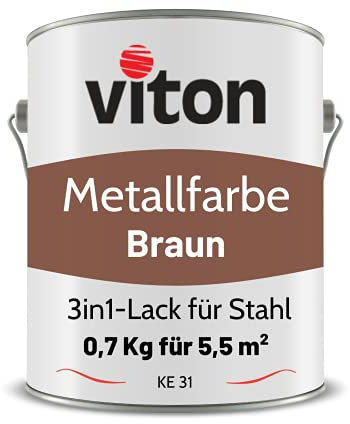 Viton Metallfarbe in Braun - 0,7 Kg Metall-Schutzlack Seidenmatt - Dauerhafter Schutz & hohe Beständigkeit - 3in1 Grundierung & Deckfarbe - Metalllack direkt auf Rost - KE31 - RAL 8002 Signalbraun