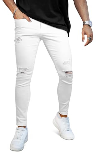 GINGTTO Vaqueros Hombre Rotos Elásticos Slim Jeans Hombre Skinny Rasgados Delgado Blanco 32W/30L