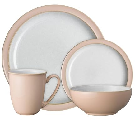 Denby - Elements Shell Peach Dinner Set For 1 - 4 Piece Ceramic Tableware - Dishwasher Microwave Safe Crockery Single Place Setting - 1 x Dinner Plate, 1 x Small Plate, 1 x Cereal Bowl, 1 x Coffee Mug