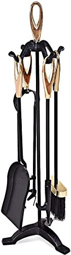 Vintage Decor ® Premium Quality Cast Iron Loop Tops Design Fireside Companion Set 25 5pc Fireplace Classic Tool Set Shovel, Brush, Poker, Tong & Stand - Easy Assembly (Black - Brass Effect Loops)