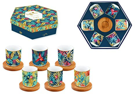 COFFRET 6 TASSES A CAFE 11CL EN PORC.AVEC SOUCOUPE EN BAMBOU