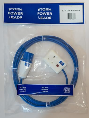 STORM POWER LEADS CAMPING EXTENSION LEAD 1 WAY-4 WAY HOOK UP SOCKETS CARAVAN 16A 5MT-25MT 240V (1 WAY, 25M)