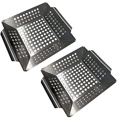HAC24 2er Set Edelstahl Grillkorb 20 x 20 x 4 cm Grill Gemüsepfanne BBQ Lochpfanne Grillschale Grillrost Gemüsekorb