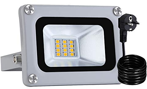 papasbox LED Strahler mit Stecker 10W LED Fluter IP65 Wasserdicht Außenstrahler Flutlichtstrahler Aluminium Scheinwerfer Licht Kaltweiß 6000K EU Stecker ideale Wandleuchte für Garten Sportplatz