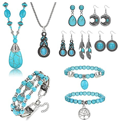 Morfetto Böhmische Türkis Schmuck Set Frauen Western Türkis Anhänger Halskette Schichted Wrap Armreif Armband Türkis Vintage Türkis Türkis baumeln Ohrringe Boho Schmuck für Frauen Stil A