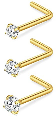Briana Williams 3stk Nasenpiercing Stecker 0.8mm Gold Nasenstecker L Form Diamant Piercing Nase Schmuck Chirurgenstahl