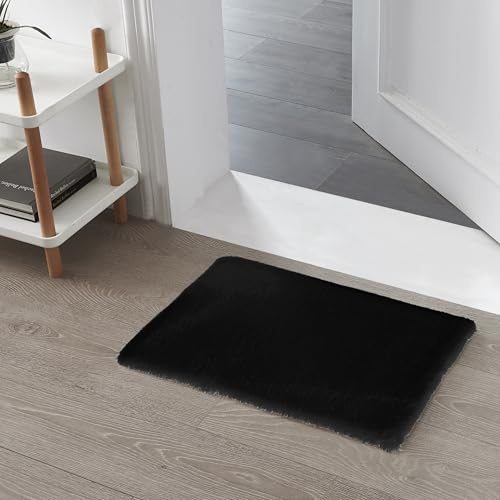 Teppich Wölkchen Fellteppich Kunstfell Teppich Waschbar, Hasenfell Imitat, Kaninchenfell, Kurzfell - Flauschiger Teppich Wohnzimmer, Bettvorleger Schlafzimmer - Schwarz - 40x60cm