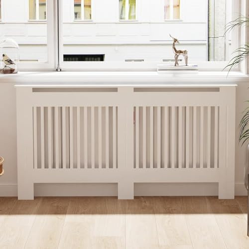 Fativo Radiator Cover 100cm High White Vertical Slat Thicken MDF,Large | Anti-Tipping Device, Ventilated Design Top Shelf, Decorative Heat Protection Cover for Living Room Entryway Hallway