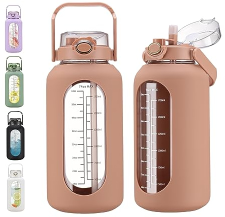 chunmo 74 oz Glass Water Bolttles with Straw Large Motivational Water Bottle with Time Marker Sports Water Bottles with Silicone Sleeve and Handle Lid 2.2L Water Jug for Gym Workout