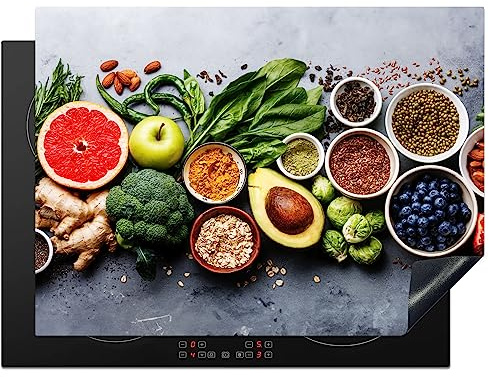 KitchenYeah© Protection Pour Plaque Induction Décoration Cuisine Protégé | 70x52 cm - Cache De Cuisson Vitroceramique Fruits - Béton - Légumes