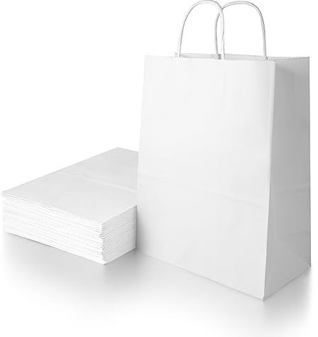 BESCOST Papiertüten, 40 Stück Geschenktüten Weiß, Geschenktüten mit Henkel, 15 x 8 x 21 cm, Papiertüten für Einkaufen, Hochzeiten, Verpackungen, Partys, Geburtstag, Weihnachten, 130 g/m², Weiß