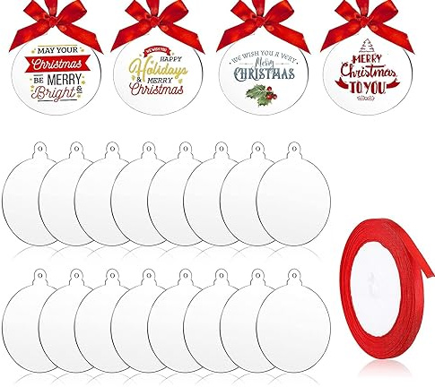ZESABGE 25 Stück Transparent Acryl Weihnachtsschmuck Ornament,3 Zoll Acrylscheibe mit Loch,Acryl kunststoffplatte für die Malerei,DIY Farbband Hängende Weihnachtsbaum Dekorative
