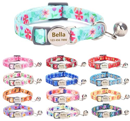 Moonpet Personalisiertes Katzenhalsband mit Namen und Telefonnummer, Katzenhalsband mit Sicherheitsverschluss und glöckchen-Blaugrüne Blume