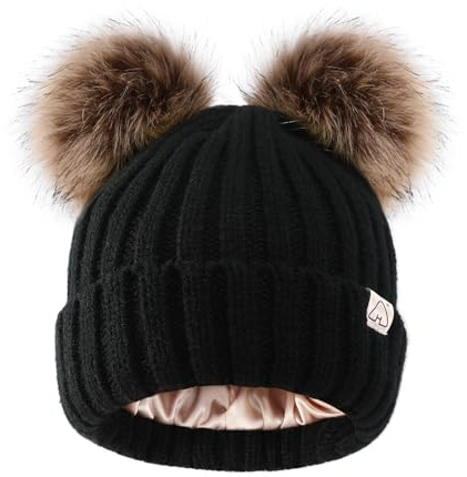 Hat Hut Winter Hats for Women Satin Lined Beanie Hats for Women Ladies Bobble Hat Double Pom Pom Beanie Cap (B2-Black 2 Brown Poms)