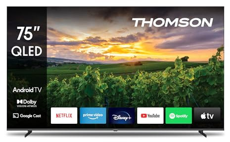 THOMSON 75 Pulgadas (189 cm) QLED Smart Android TV, Google Assistant, Wi-Fi, Dolby Digital, Bluetooth, Triple-Tuner (Cable/Satélite/Antena), HDMI, Ci+, A+ Panel – 75QA2S13