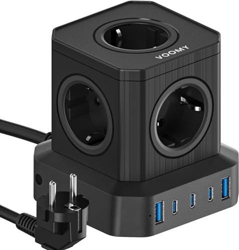VOOMY 65W Mehrfachstecker, Steckdosenwürfel mit 3 USBC und 2 USB Ladegerät, Ladestation mit 2M Verlängerungskabel, Steckerleiste Überspannungsschutz, Verteilersteckdosemit Schalter, Powercube Schwarz