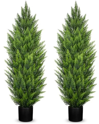 Hollyone Lot de 2 Plante Artificielle Cèdre 120cm, Outdoor Indoor Formage Taillé Artificiel, Réaliste Faux Cyprès Plantes Buissons pour Porte d'entrée Maison Véranda Bureaux Décoration