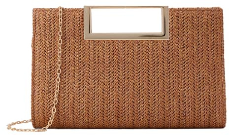 EVEOUT Pochette de Soirée en Paille Tissée avec Chaîne, Sac à Main pour Femmes, Clutch été pour Mariage Plage Vacances (Marron Foncé)