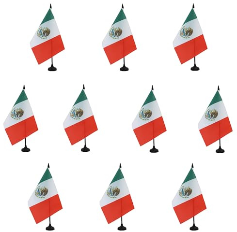 AZ FLAG Lot de 10 Drapeaux de Table Mexique 21x14 cm Socle Plastique | Usage intérieur Drapeau de bureau mexicain México finition cousue et bords renforcés polyester 100D