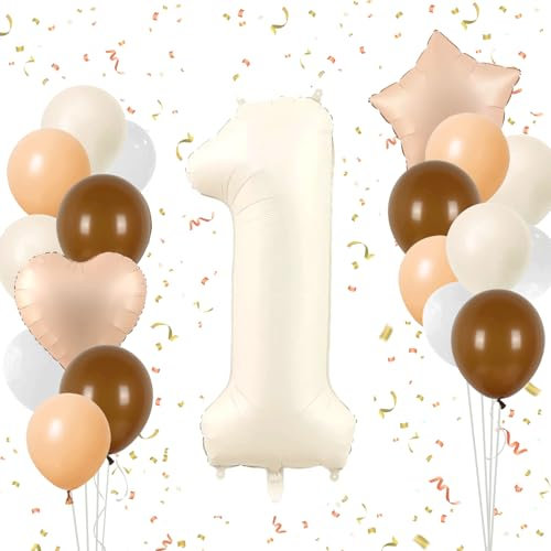 Ligtmor Zahlen Luftballon Beige, 101cm Folienballon 1, 40 Zoll Zahlenballon, Luftballons 1. Geburtstag für Junge Mädchen Geburtstagsdeko Jubiläum Party Deko