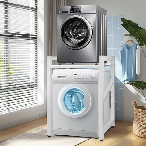 JXZ über dem Waschmaschinenregal, Waschmaschinenschrank, 3 Höhenverstellbar, Waschmaschine Trockner Schrank Regal, Tragfähigkeit 300 kg für Badezimmer Küche Balkon Waschküche (Weiß F)