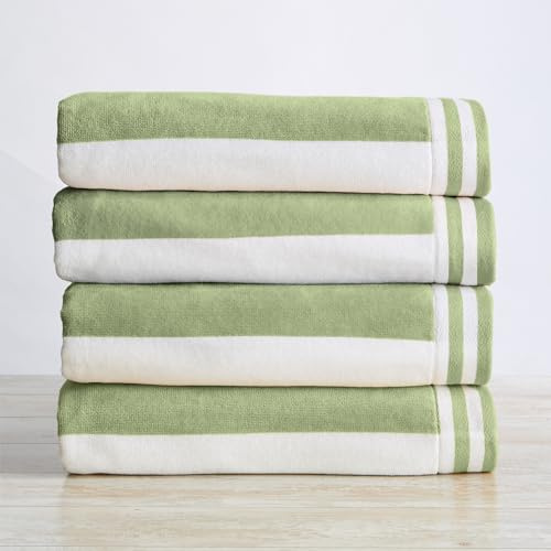 Great Bay Home 100% Cotton Velour 4 Pack Beach Towels 30 x 60 - Cabana Stripe Pool Towels - Quick Dry, Large Swim Towel (Eucalyptus Green/White)