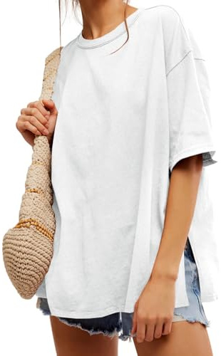 Tankaneo Womens Oversized Tshirts Summer Casual Short Sleeve Crew Neck T Shirt Loose Fit Side Slit Tee Tops White